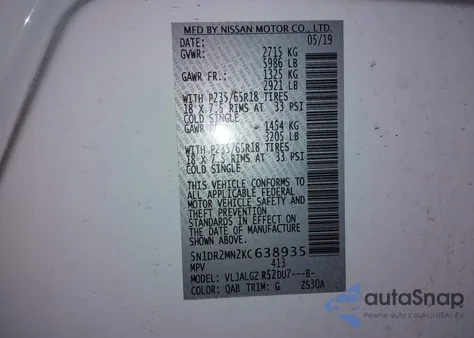 2019 Nissan Pathfinder Sl from USA, damaged, VIN 5N1DR2MN2KC638935